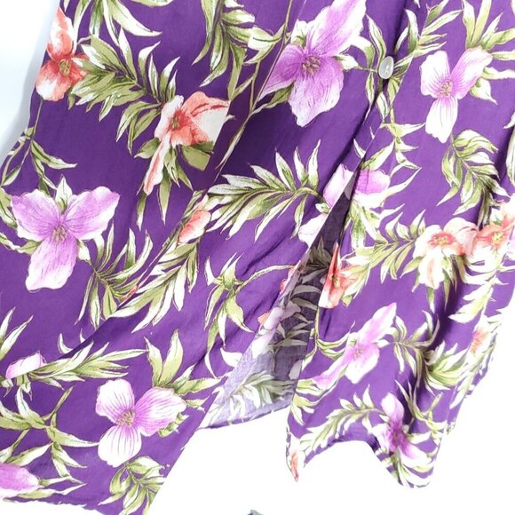 Floral Hawaiian Dress Sz 16 Purple Maxi Long Flowy Strappy Back Button Up - Picture 3 of 6